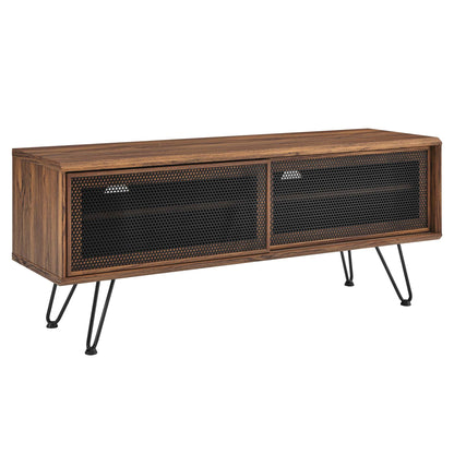 Nomad TV Stand by Modway in warm wood grain with black perforated mesh doors and slender hairpin legs on Tampa Home & Garden Store