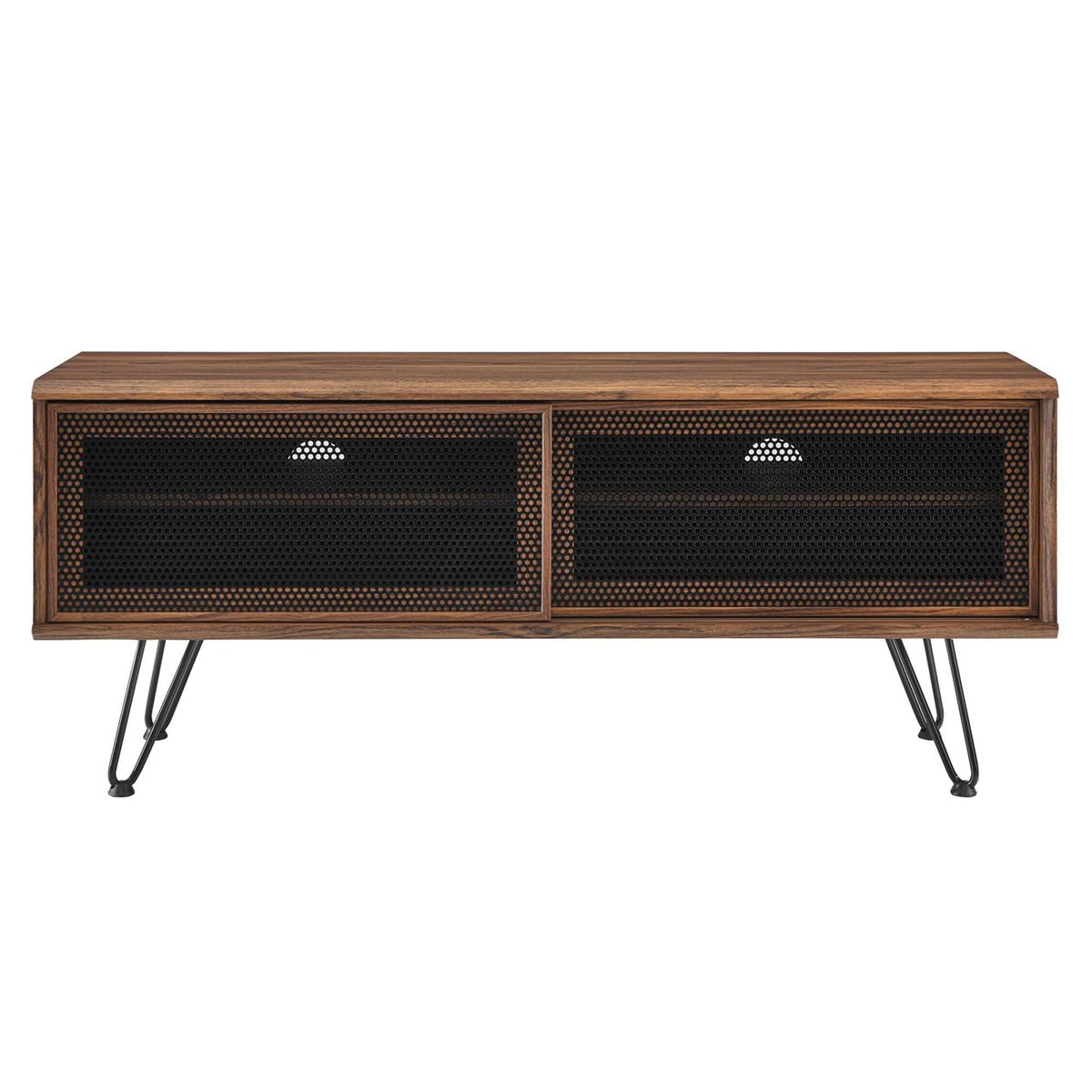 Nomad TV Stand by Modway, wood grain two-door console with black mesh panels and hairpin legs on Tampa Home & Garden Store