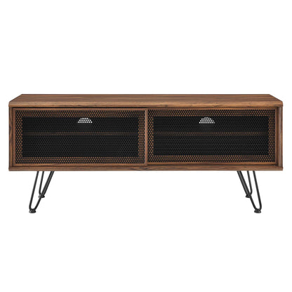 Nomad TV Stand by Modway, wood grain two-door console with black mesh panels and hairpin legs on Tampa Home & Garden Store