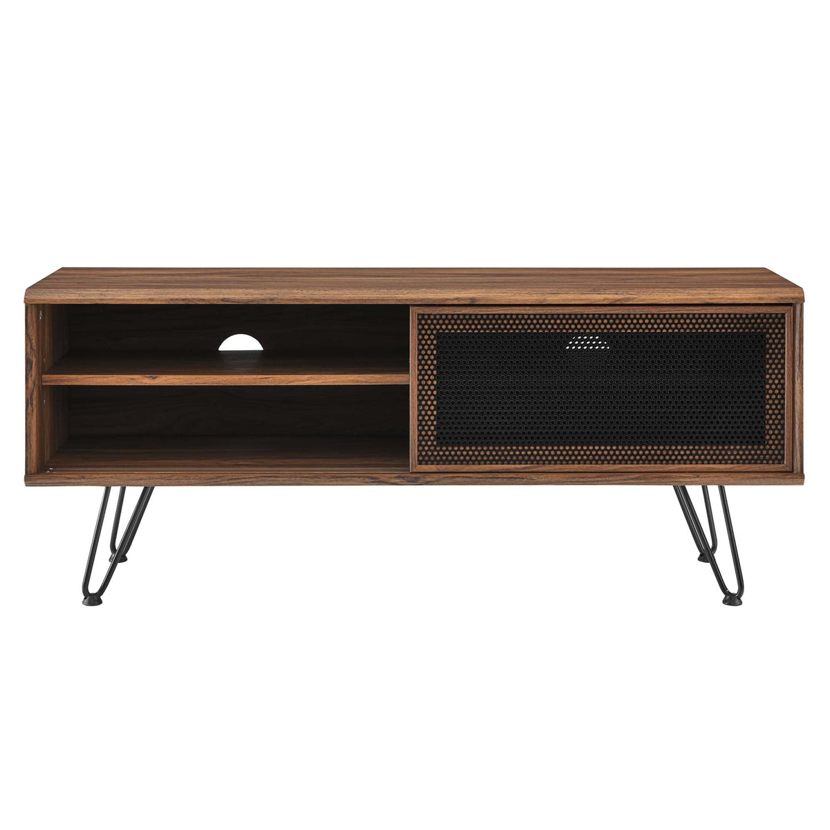Nomad TV Stand warm wood finish with open shelf and mesh cabinet on Tampa Home & Garden Store