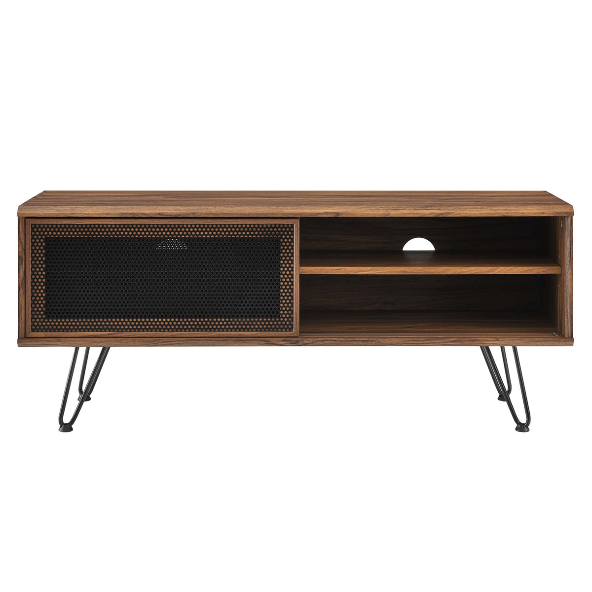 Nomad TV Stand by Modway in warm wood finish with perforated panel and black metal legs on Tampa Home & Garden Store