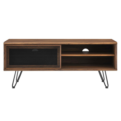 Nomad TV Stand by Modway in warm wood finish with perforated panel and black metal legs on Tampa Home & Garden Store