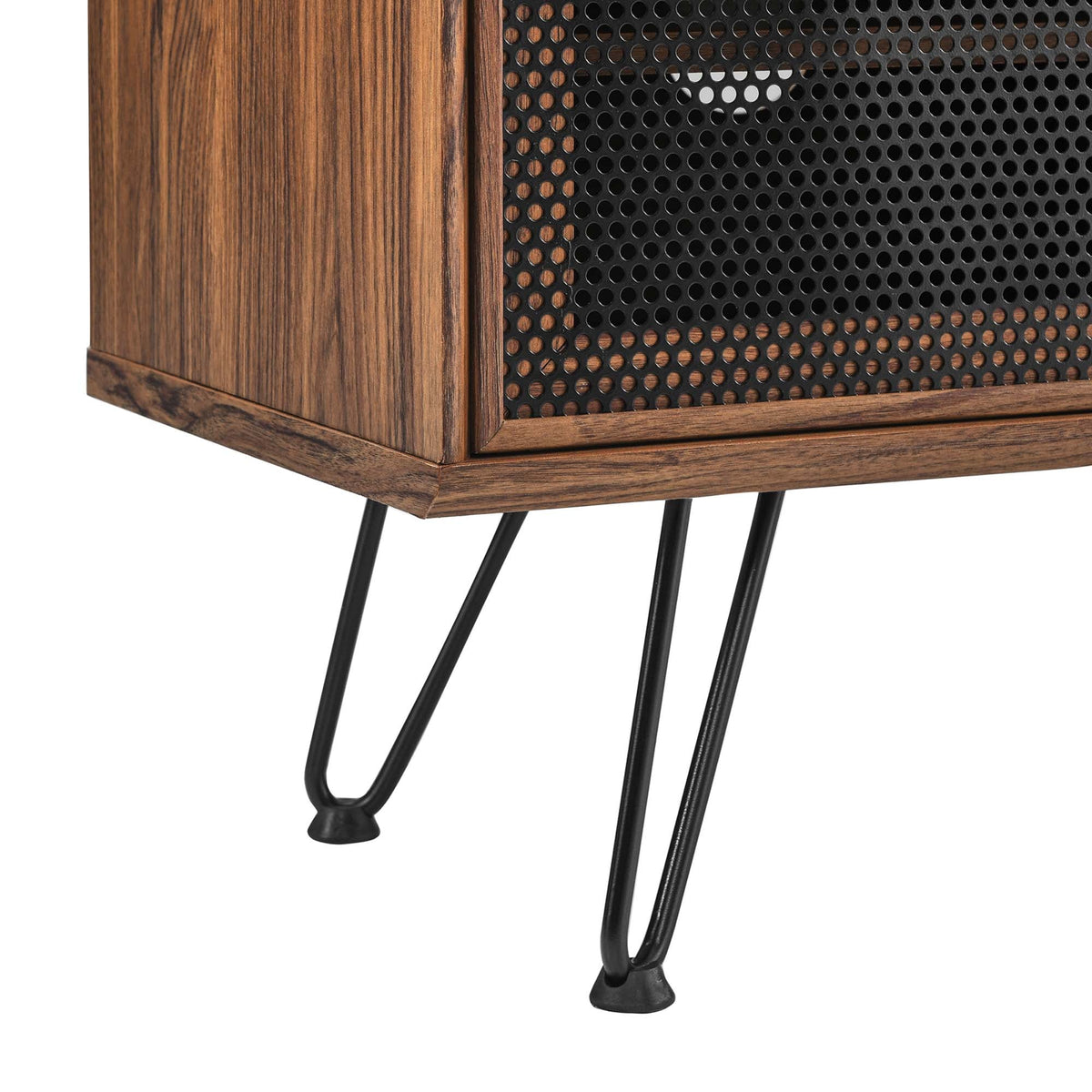 Nomad TV Stand by Modway in wood finish with black metal mesh panel and slender legs on Tampa Home & Garden Store