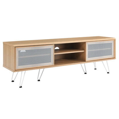 Nomad TV stand in light oak, two perforated doors, open shelving, slim metal hairpin legs on Tampa Home & Garden Store