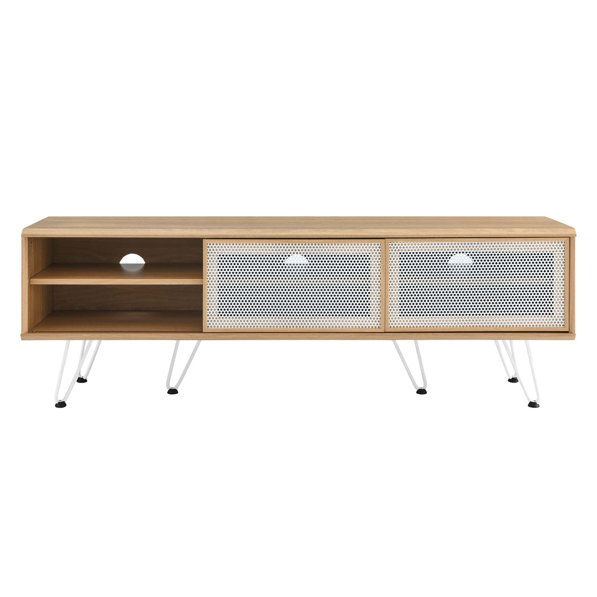 Nomad TV Stand, oak wood finish with perforated white metal doors and white legs HouseOfZazla on Tampa Home & Garden Store