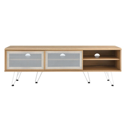 Nomad TV Stand Modway natural oak with white perforated cabinet doors open shelf side metal legs on Tampa Home & Garden Store