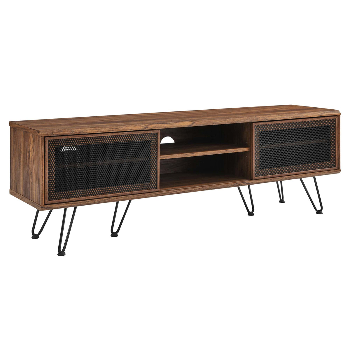 Nomad TV Stand by Modway in walnut with black perforated cabinet doors and hairpin legs on Tampa Home & Garden Store