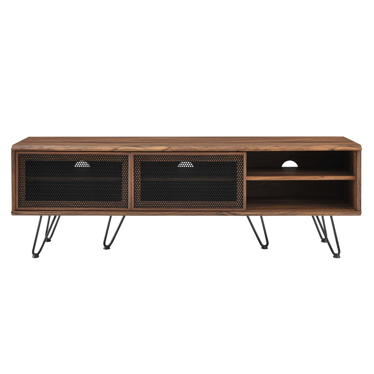 Nomad TV Stand by Modway, walnut finish media console with black mesh doors and open shelf on Tampa Home & Garden Store