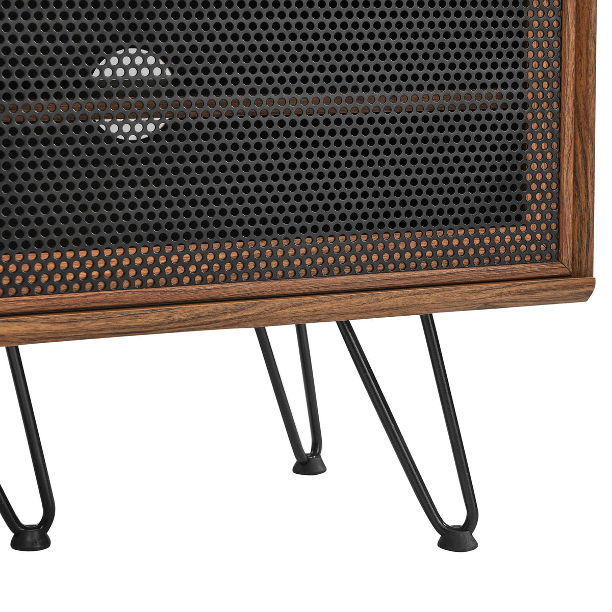 Nomad TV Stand by Modway with black perforated metal panel and wood frame with hairpin legs on Tampa Home & Garden Store