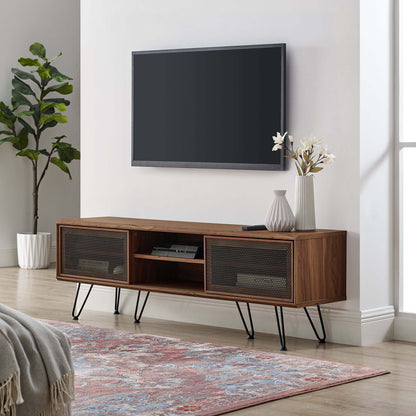 Nomad TV Stand by Modway in warm wood finish with black metal hairpin legs and mesh doors on Tampa Home & Garden Store