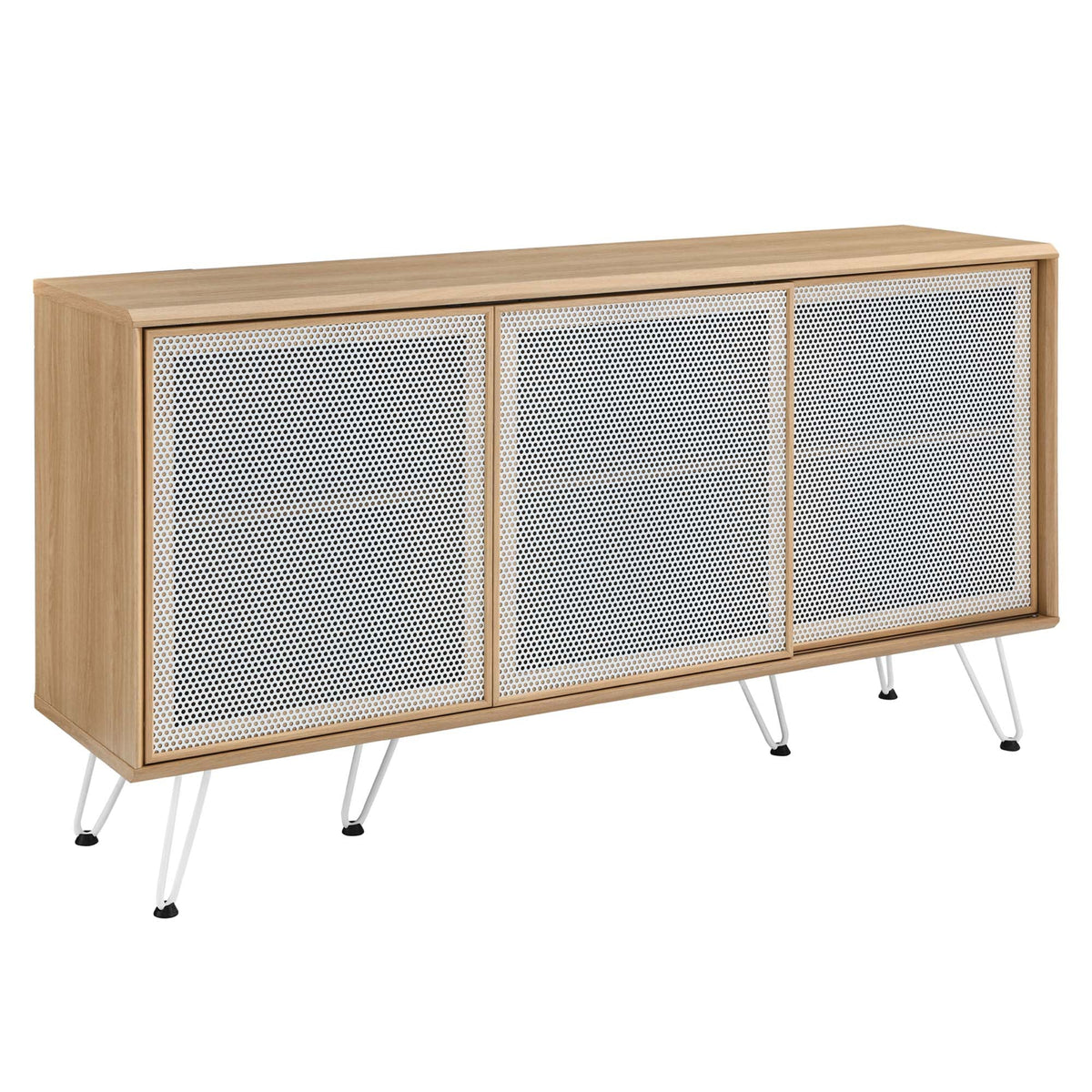 Nomad Sideboard natural oak with perforated metal cabinet doors and slim white hairpin legs on Tampa Home & Garden Store