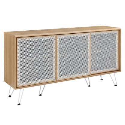 Nomad Sideboard natural oak with perforated metal cabinet doors and slim white hairpin legs on Tampa Home & Garden Store