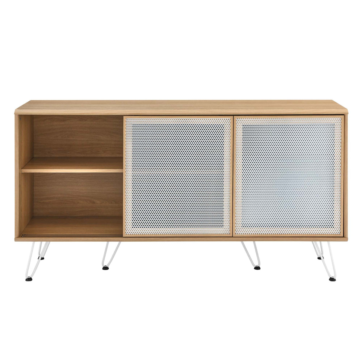 Nomad Sideboard by Modway, wood cabinet with two white perforated metal doors on hairpin legs on Tampa Home & Garden Store