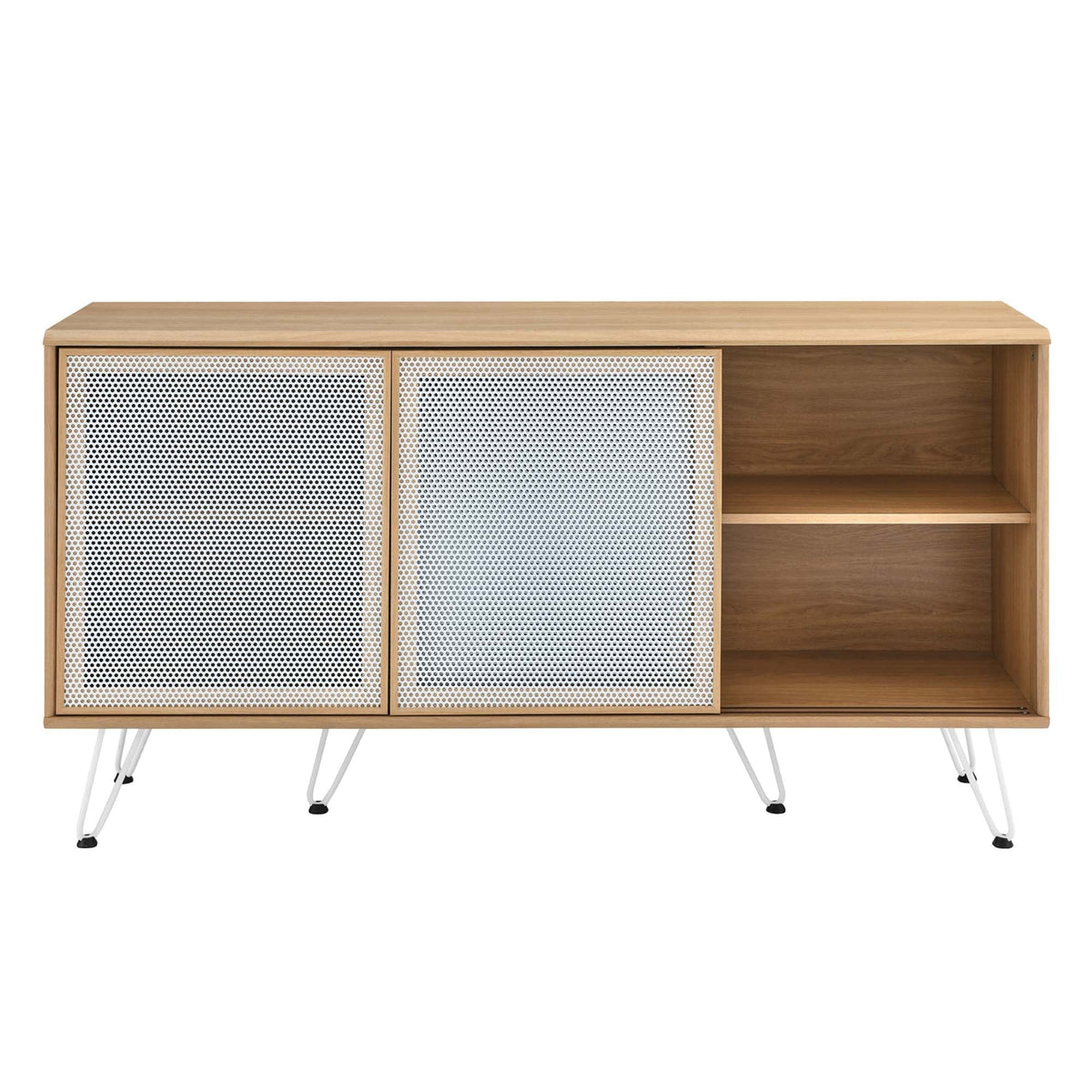Nomad Sideboard by Modway oak finish with white perforated metal mesh doors and open shelf on Tampa Home & Garden Store