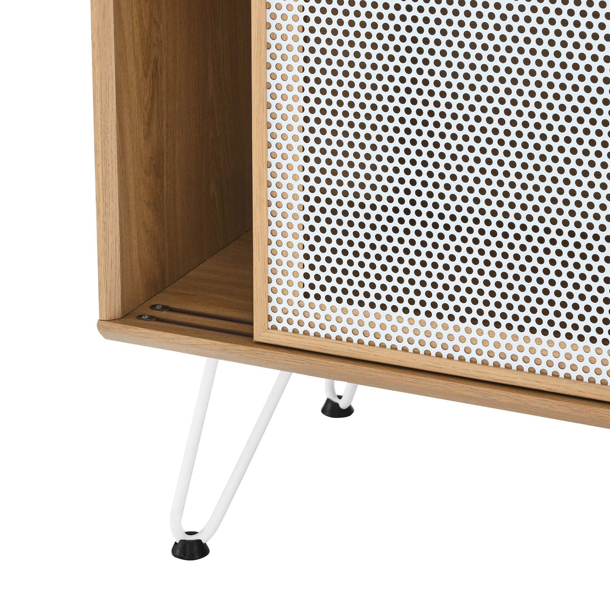 Nomad Sideboard by Modway, oak wood frame with perforated metal panel doors, white legs on Tampa Home & Garden Store