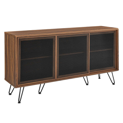 Nomad Sideboard by Modway, walnut wood veneer with black metal mesh doors and hairpin legs on Tampa Home & Garden Store
