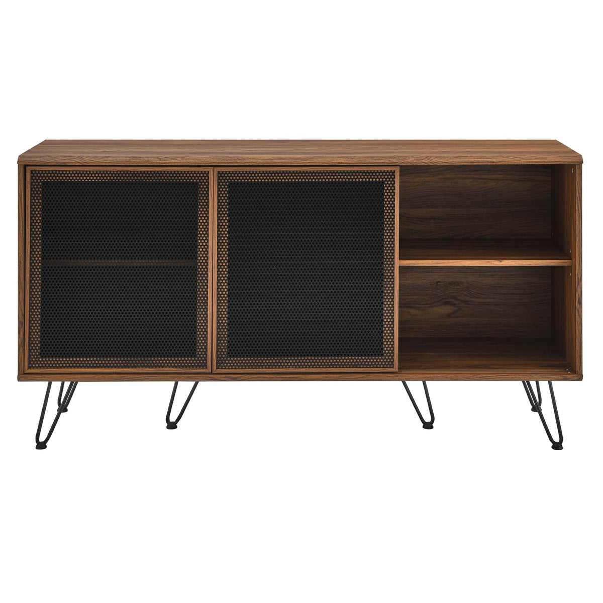 Nomad Sideboard by Modway in oak with black perforated doors and open shelving on hairpin legs on Tampa Home & Garden Store