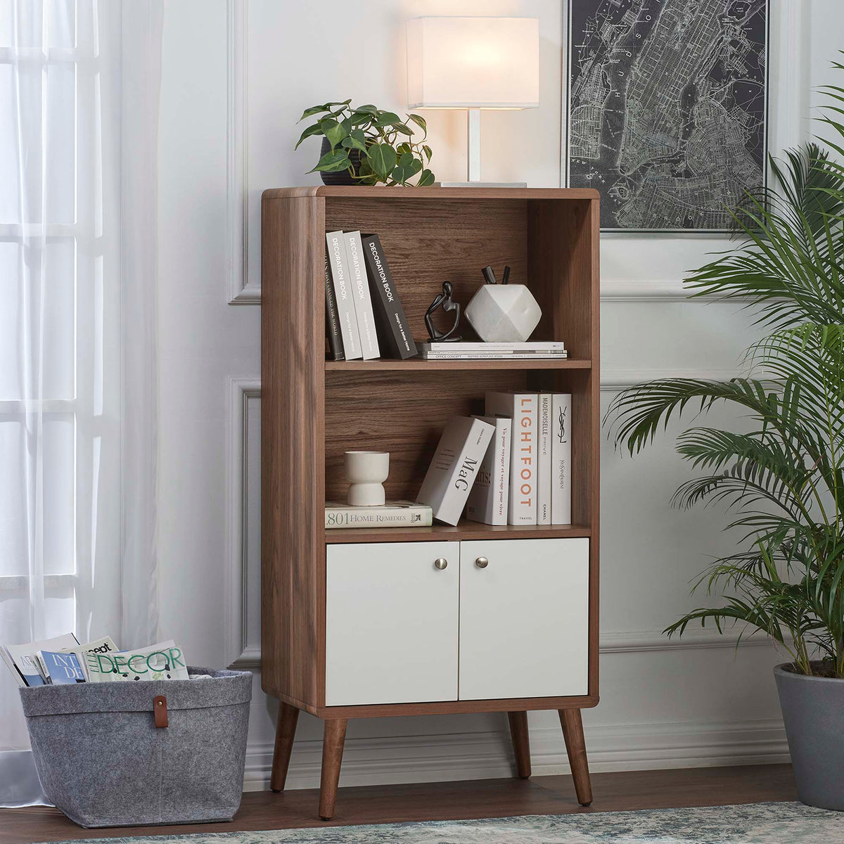 Transmit display cabinet bookshelf in walnut with white doors and mid-century legs on Tampa Home & Garden Store