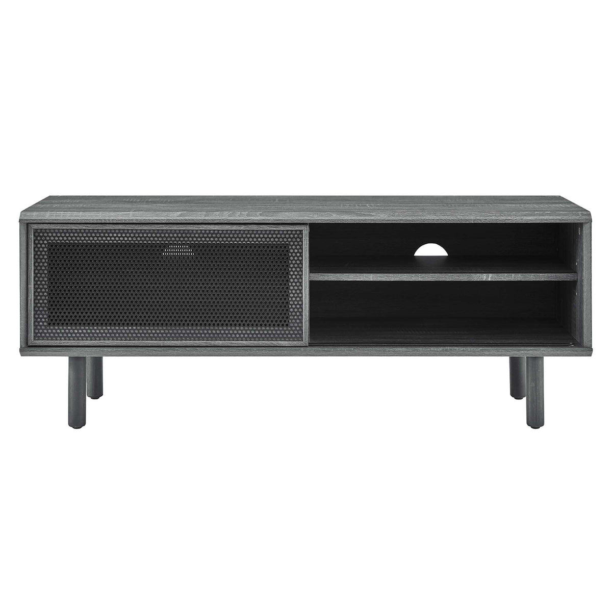 Kurtis TV Stand gray wood finish with metal mesh door and open shelves for living room storage on Tampa Home & Garden Store
