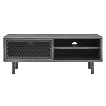 Kurtis TV Stand gray wood finish with metal mesh door and open shelves for living room storage on Tampa Home & Garden Store