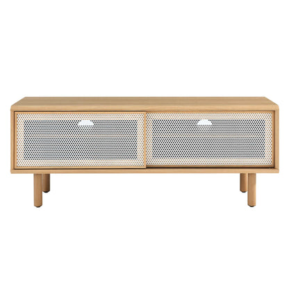 Kurtis TV stand in natural wood with white perforated metal cabinet doors, 2-door storage unit on Tampa Home & Garden Store