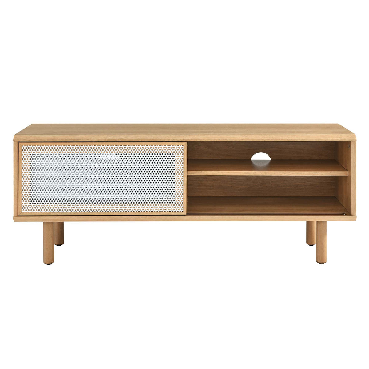 Kurtis TV Stand by Modway wood console with perforated metal door and open shelves in oak finish on Tampa Home & Garden Store