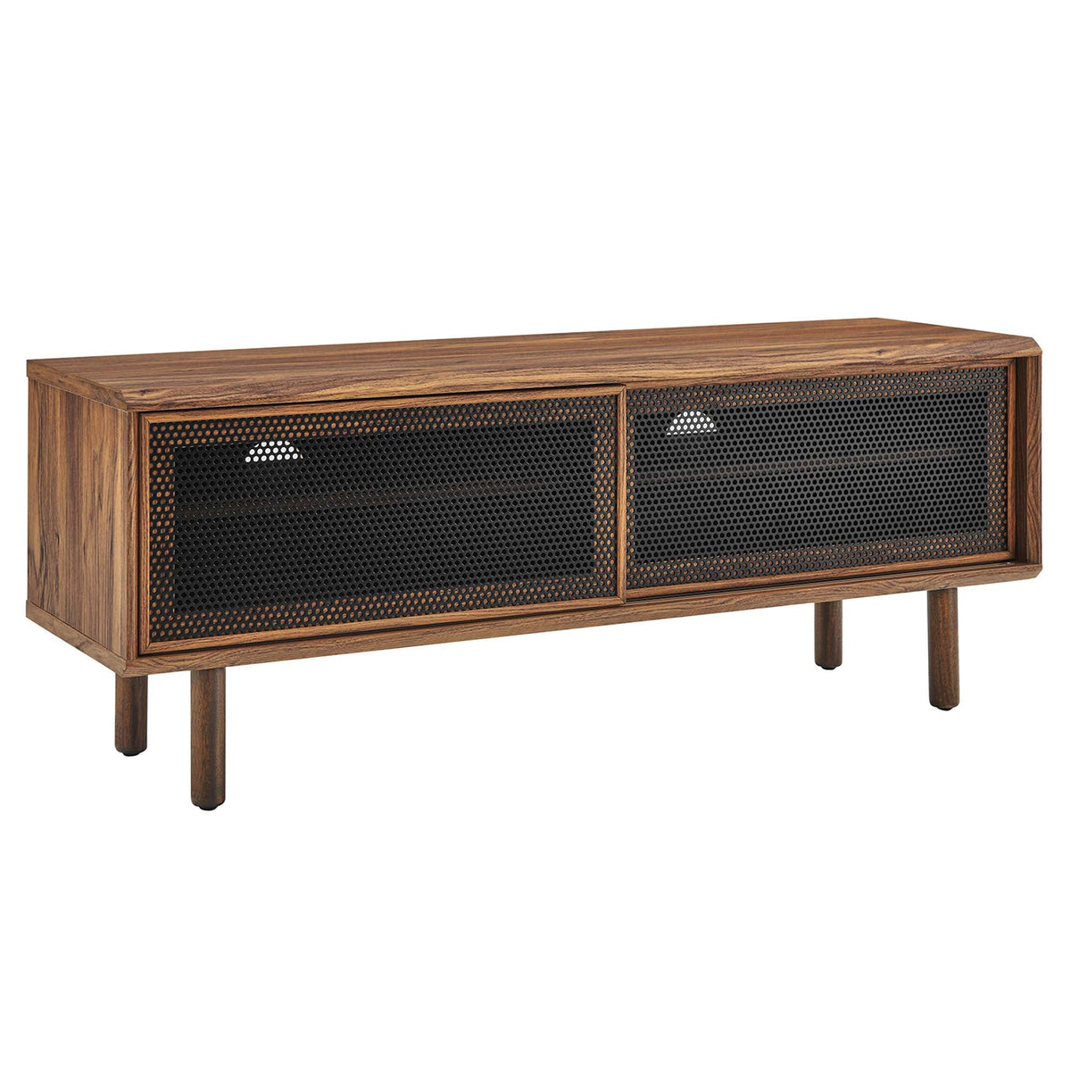 Kurtis TV Stand by Modway in warm wood with black perforated mesh doors on Tampa Home & Garden Store
