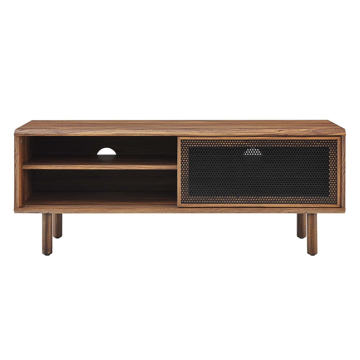 Kurtis TV Stand wood finish with left open shelves and right black metal mesh panel on Tampa Home & Garden Store