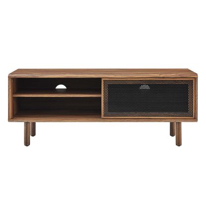 Kurtis TV Stand wood finish with left open shelves and right black metal mesh panel on Tampa Home & Garden Store