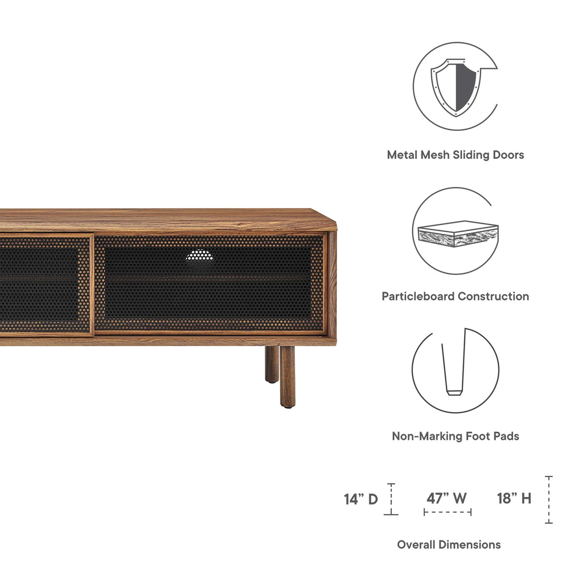 Kurtis TV Stand wood frame with black metal mesh doors, living room storage on Tampa Home & Garden Store