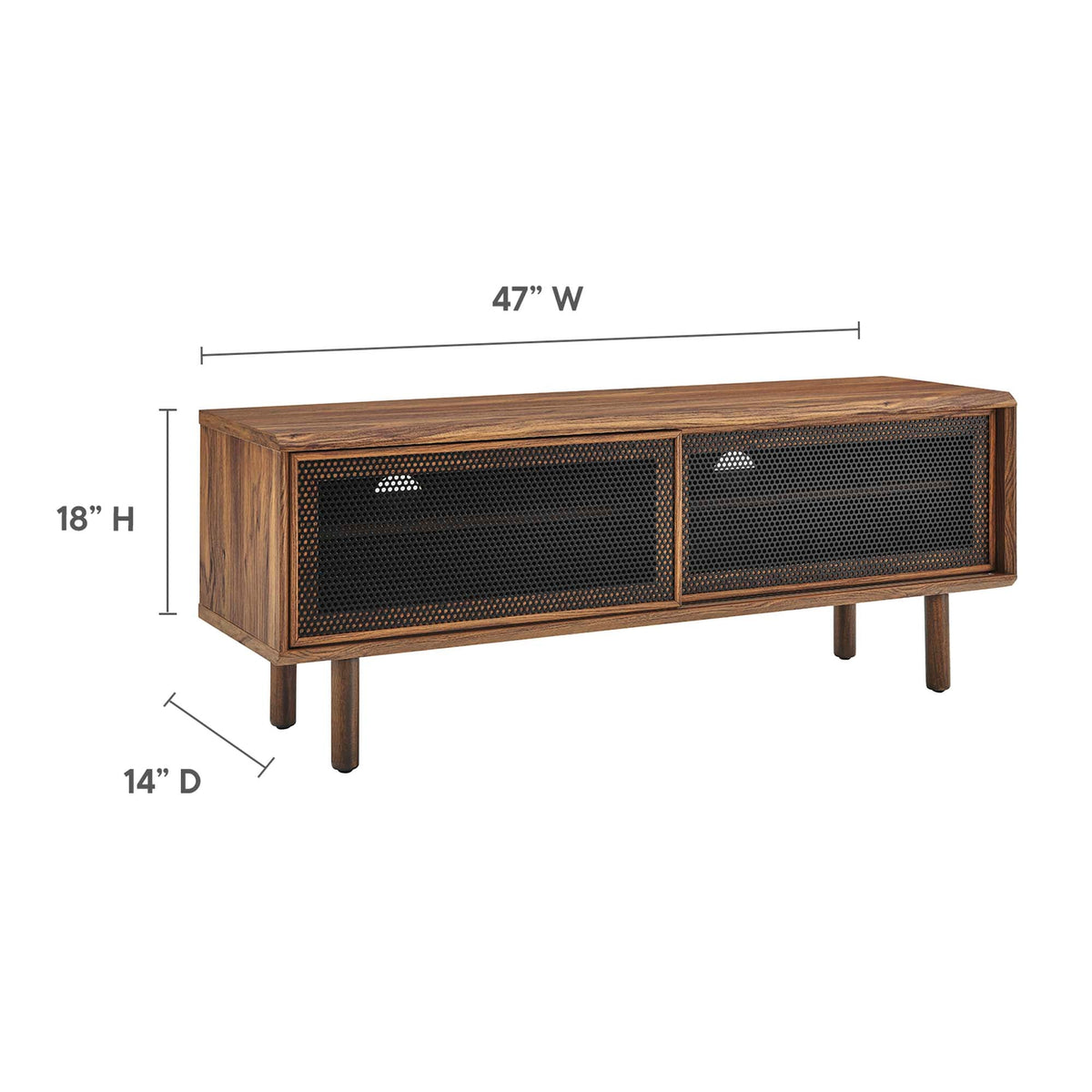 Kurtis TV Stand by HouseOfZazla, wood grain cabinet with black mesh doors, 47W x 18H x 14D on Tampa Home & Garden Store
