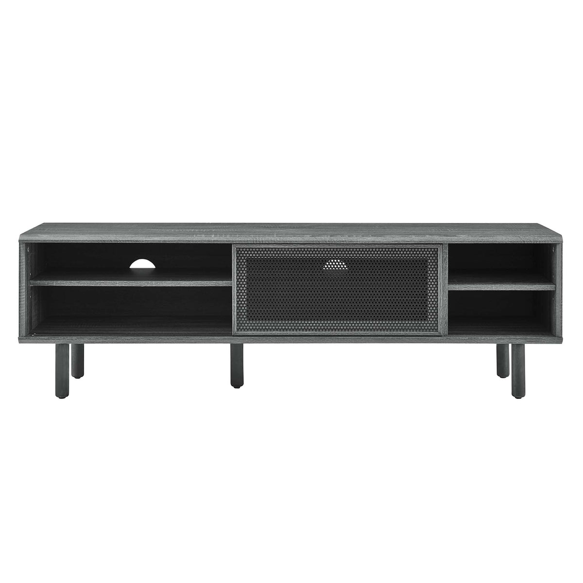 Kurtis TV Stand by Modway in dark gray wood finish with central metal mesh door and open shelves on Tampa Home & Garden Store