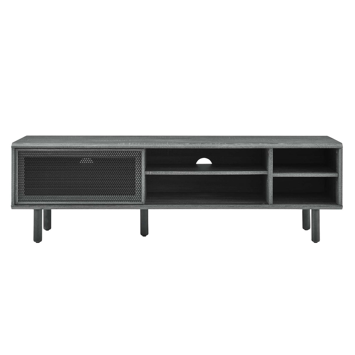 Kurtis TV Stand by Modway in dark gray wood finish with metal mesh door and open shelves on Tampa Home & Garden Store