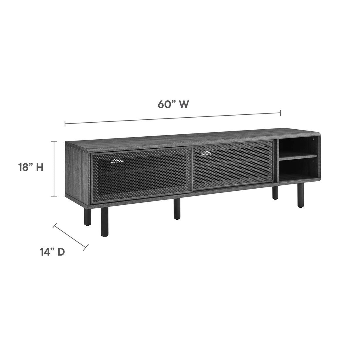 Kurtis TV Stand Modway, dark wood with metal mesh panels, 60W x 18H x 14D on Tampa Home & Garden Store
