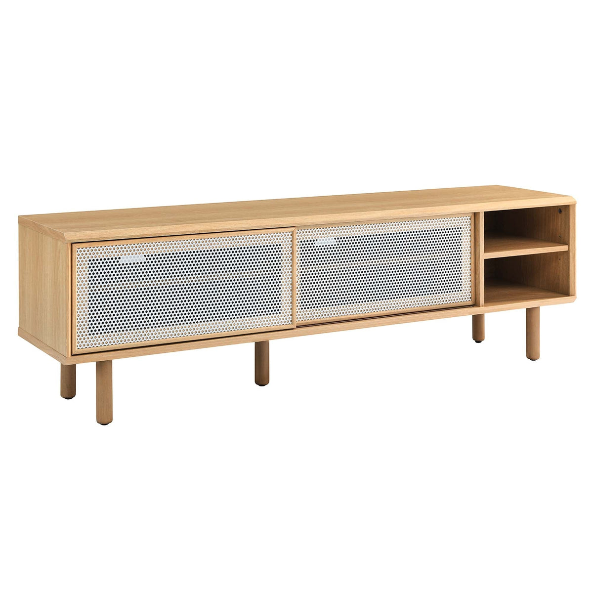 Kurtis TV stand natural oak with perforated metal doors and open shelf storage on Tampa Home & Garden Store