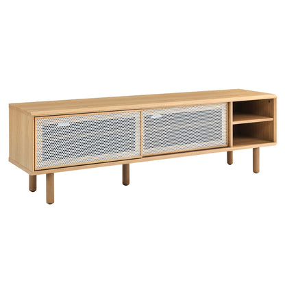 Kurtis TV stand natural oak with perforated metal doors and open shelf storage on Tampa Home & Garden Store