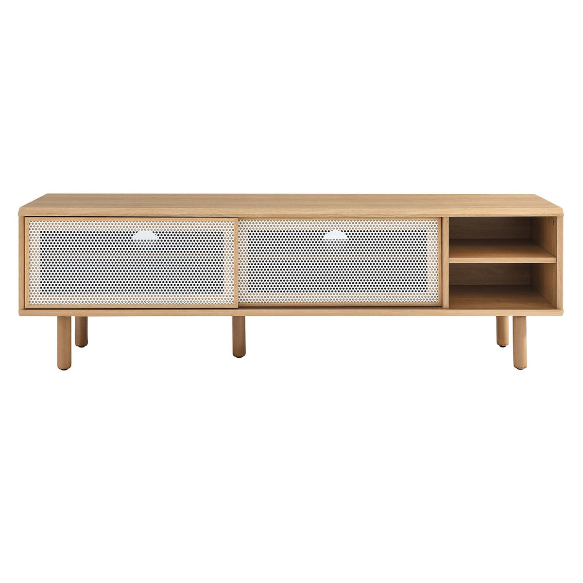 Kurtis TV Stand by Modway in light oak with white perforated cabinet doors and open shelves on Tampa Home & Garden Store