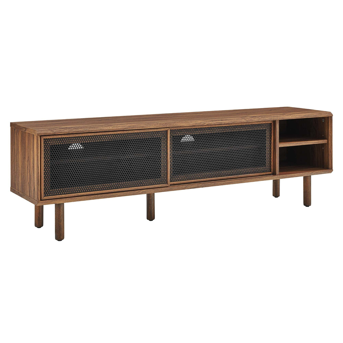 Kurtis TV Stand by Modway in a warm wood finish with black perforated metal doors and open shelves on Tampa Home & Garden Store