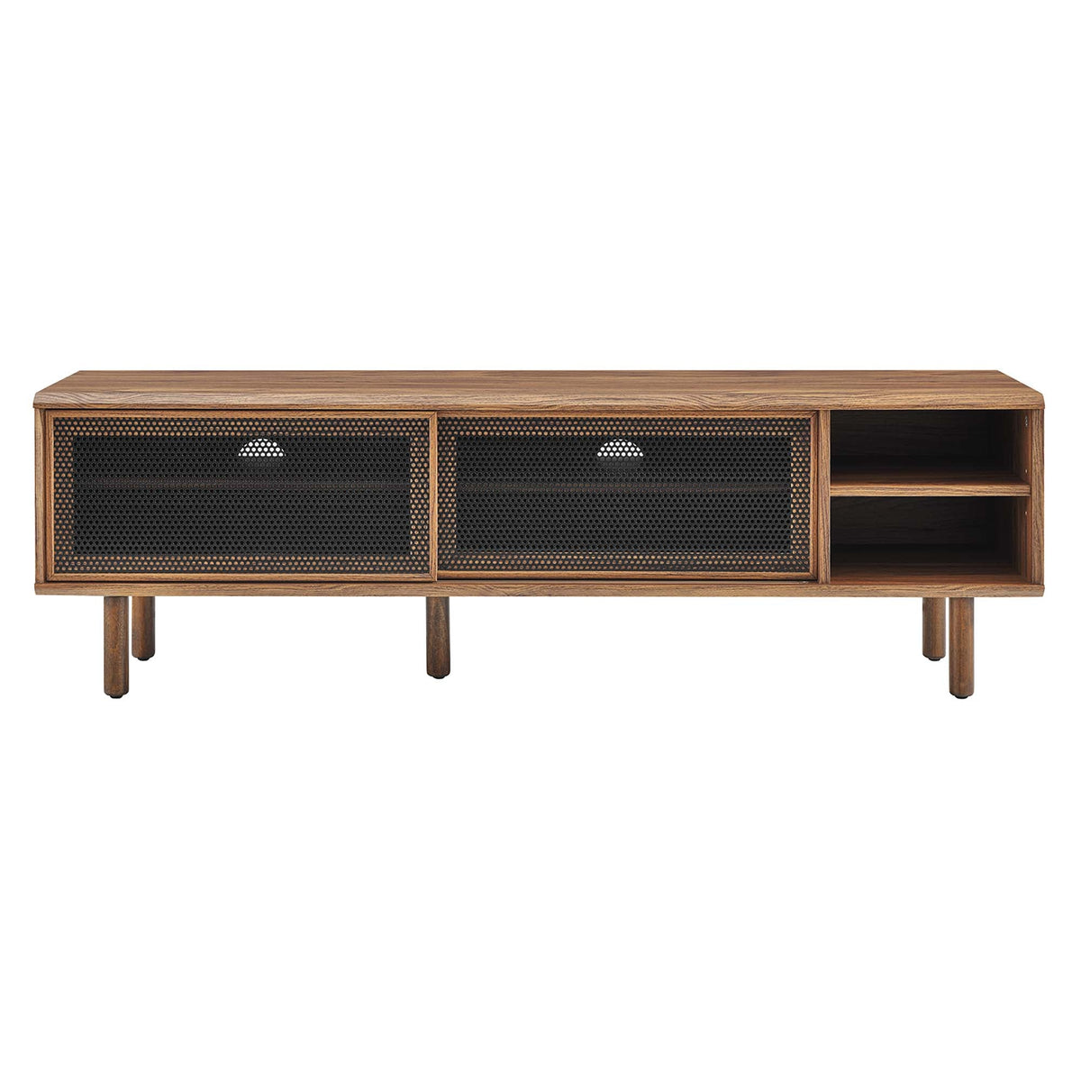 Kurtis TV Stand by Modway in warm wood with black mesh doors and open shelves on Tampa Home & Garden Store