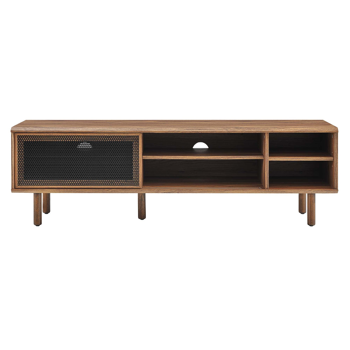 Kurtis TV Stand by HouseOfZazla with wood finish and black perforated panel open shelves on Tampa Home & Garden Store