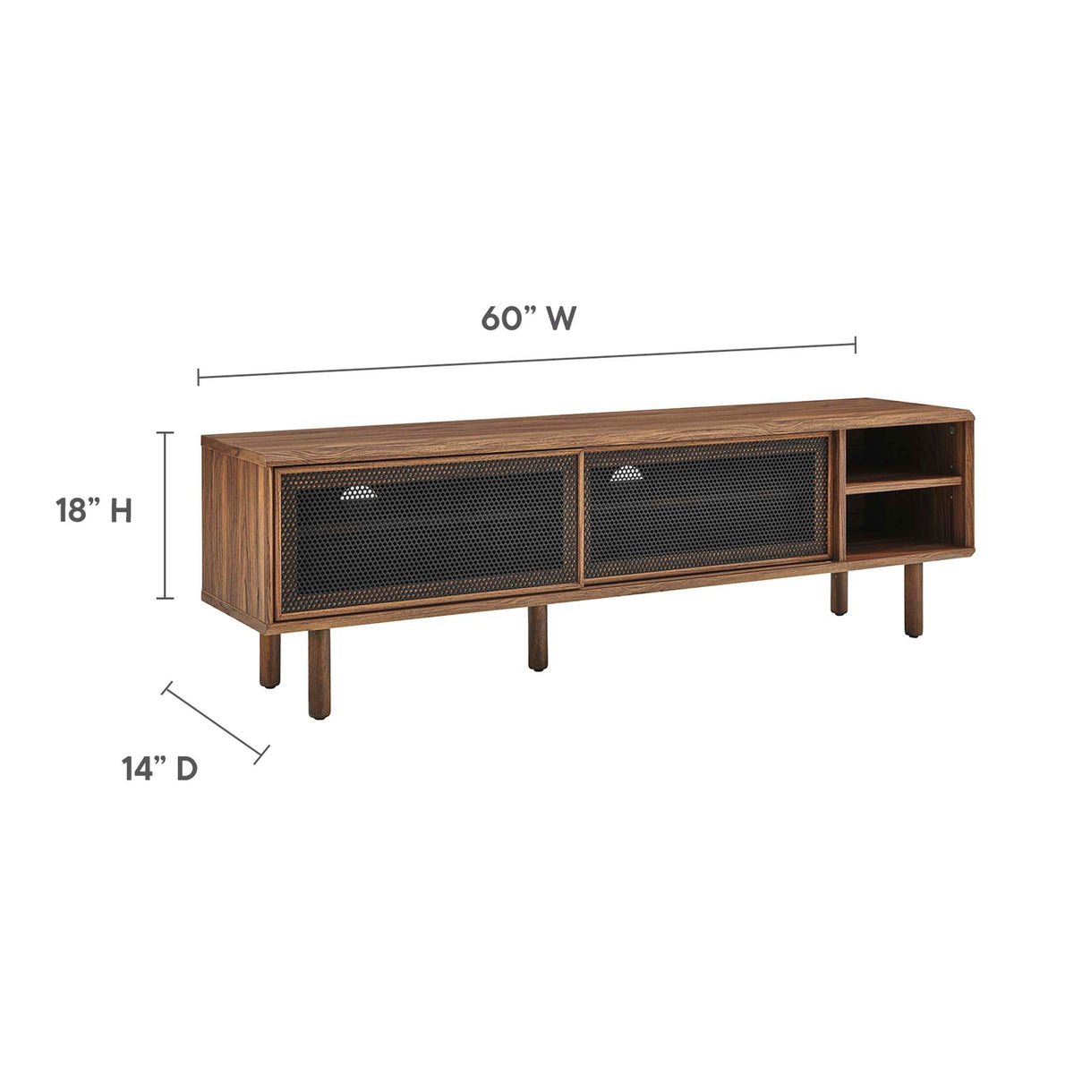 Kurtis TV Stand, wood finish with metal mesh doors, living room storage on Tampa Home & Garden Store