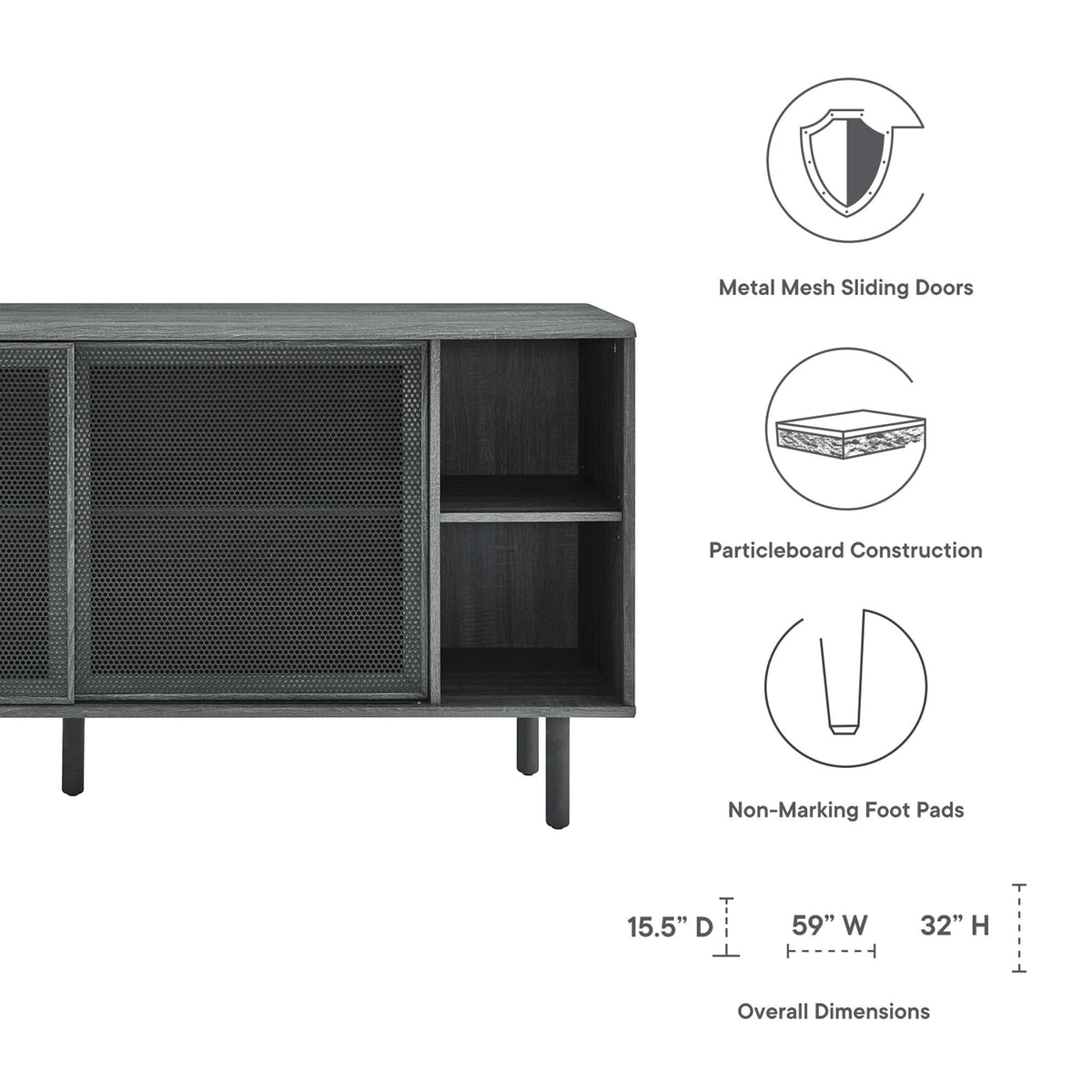 Kurtis 59in Sideboard by Modway in dark wood with metal mesh doors and open shelves on Tampa Home & Garden Store