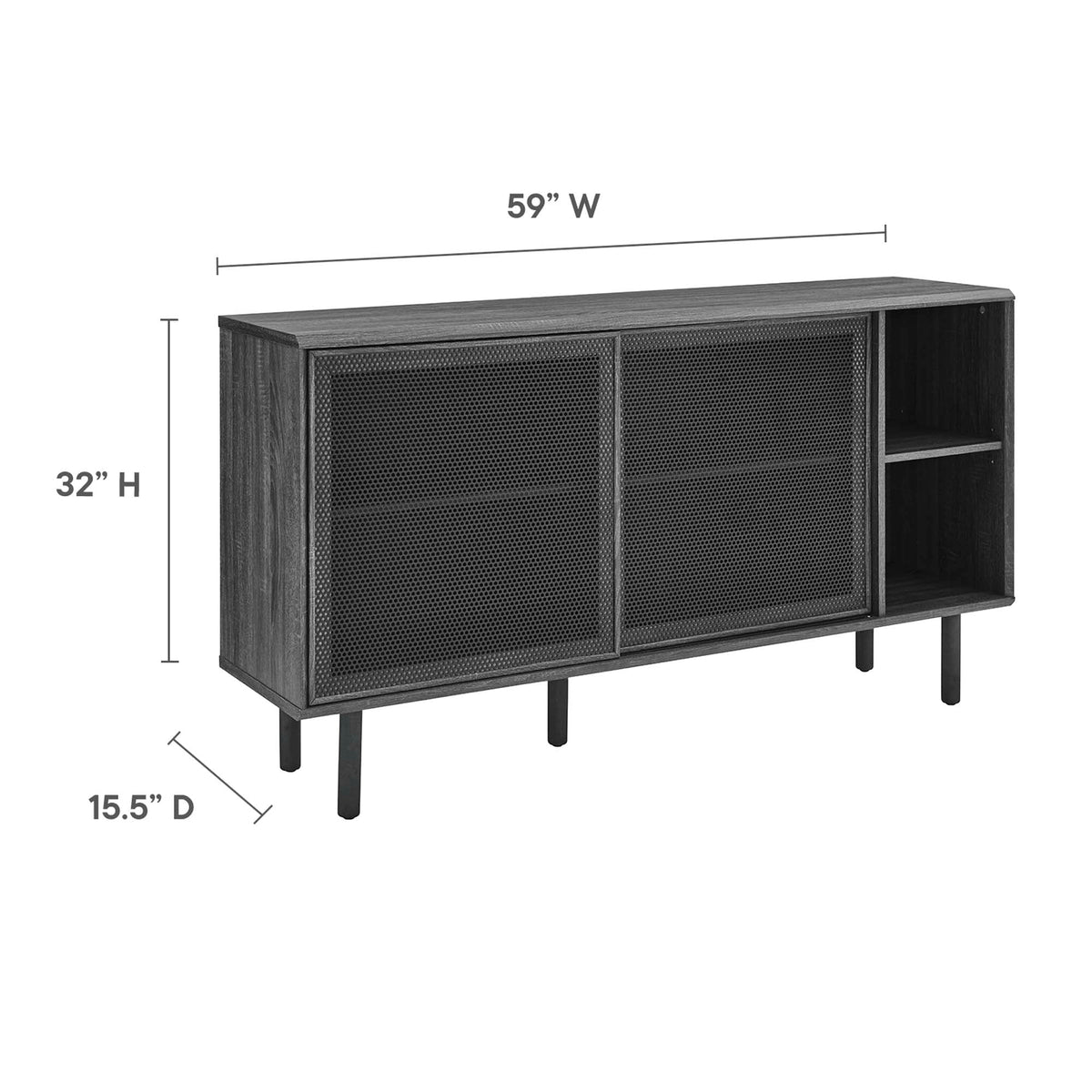 Kurtis 59in Sideboard by Modway, dark wood with perforated metal doors and open shelves on Tampa Home & Garden Store