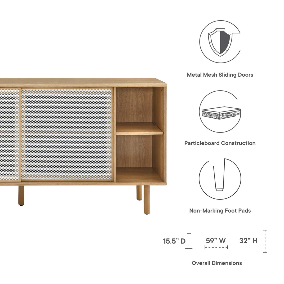 Kurtis 59in Sideboard by Modway, oak sideboard with metal mesh sliding doors and open shelves on Tampa Home & Garden Store