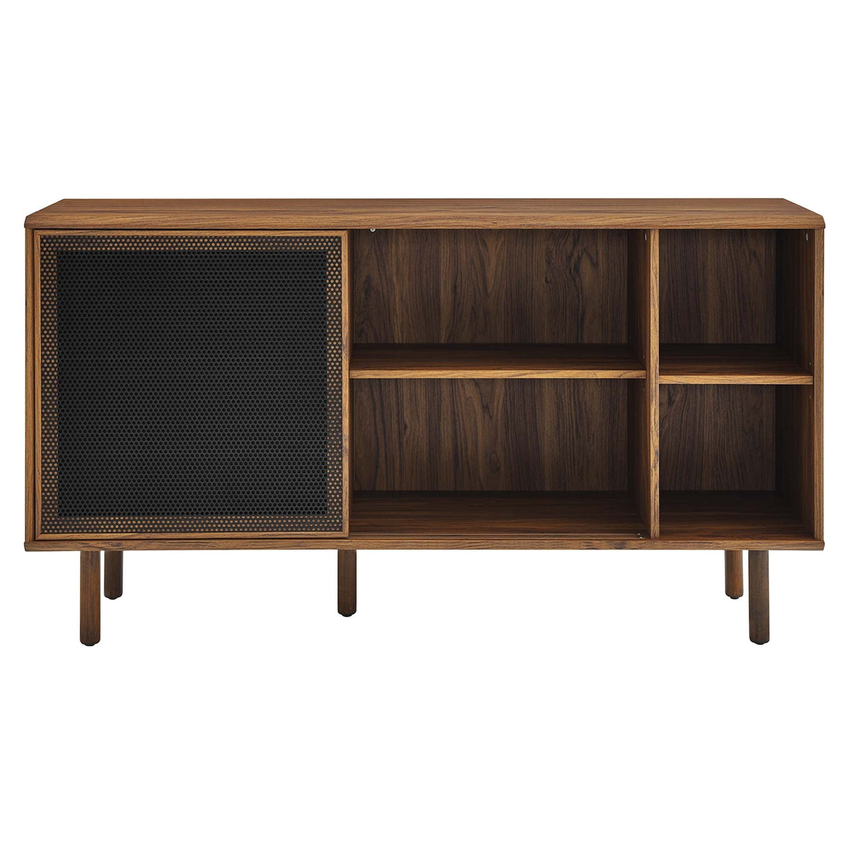 Kurtis 59in sideboard in dark wood with a left perforated metal door and right open shelves on Tampa Home & Garden Store