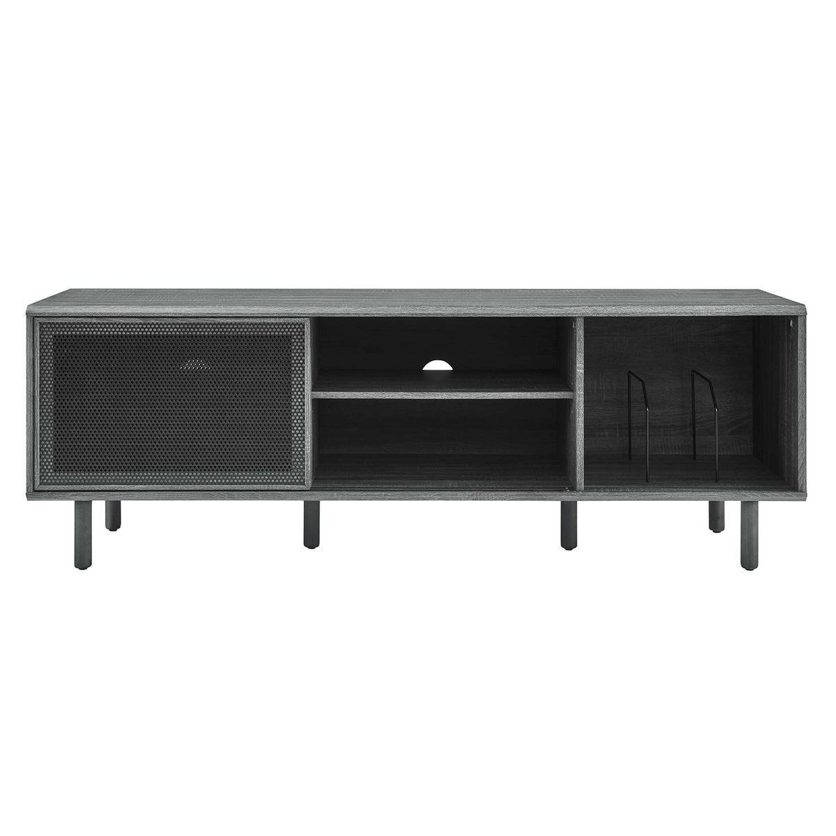 Kurtis 67in TV and vinyl stand in dark gray woodgrain with metal mesh panel on Tampa Home & Garden Store