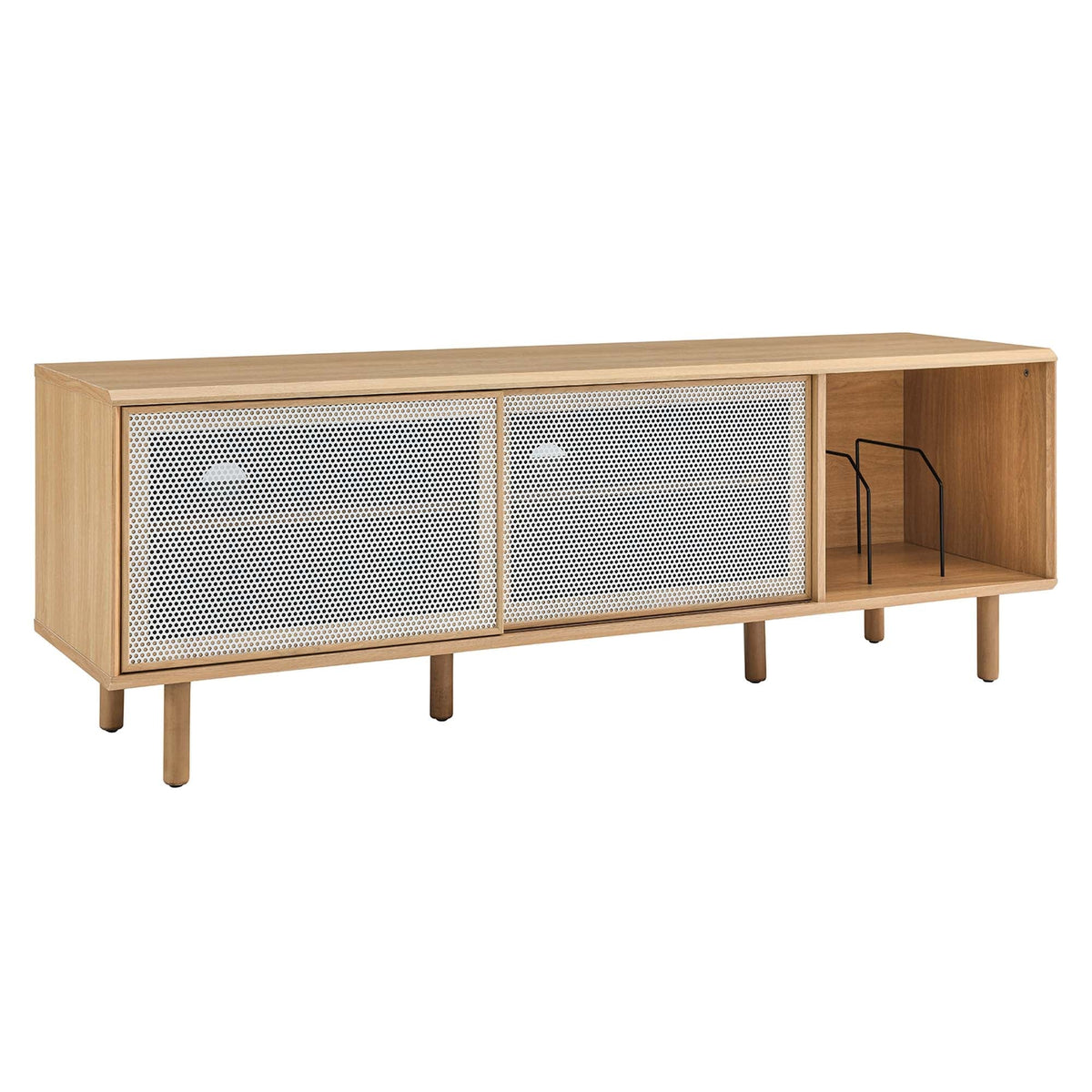 Kurtis 67in TV & Vinyl Stand by Modway, light oak with perforated metal doors, right shelf on Tampa Home & Garden Store