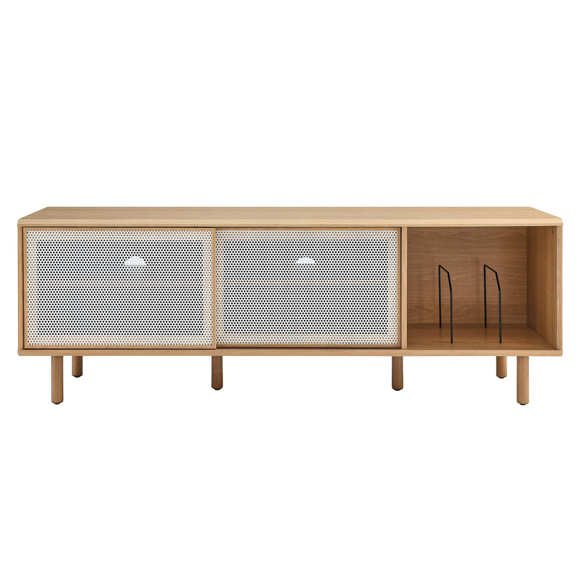 Kurtis 67in TV and Vinyl Record Stand in natural wood with perforated metal 2-door cabinet on Tampa Home & Garden Store