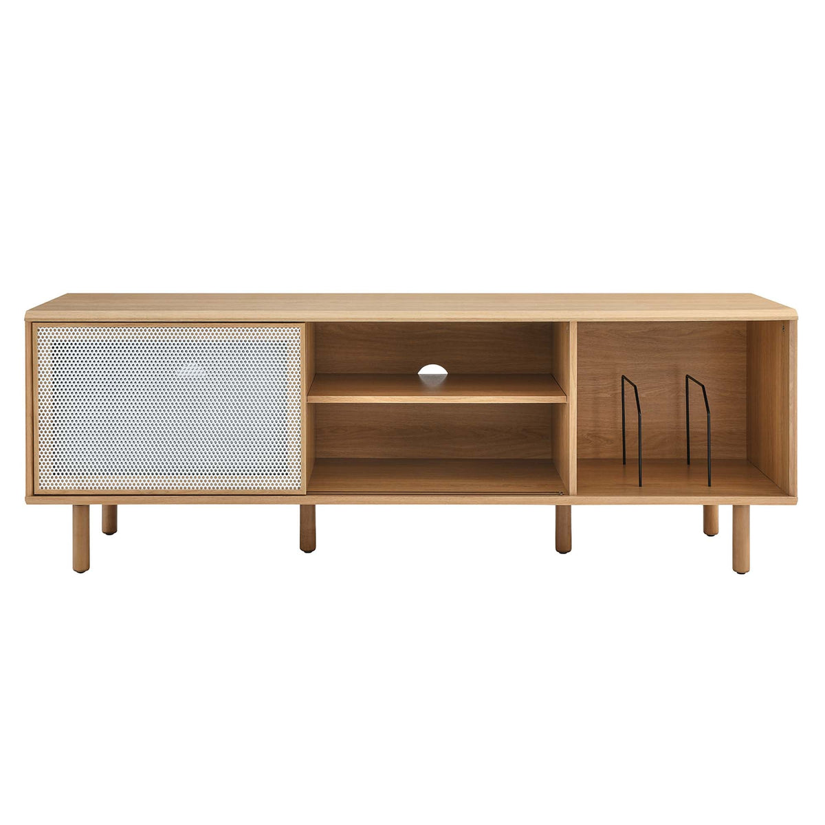 Kurtis 67in TV and vinyl record stand in oak with perforated metal panel and open shelves on Tampa Home & Garden Store