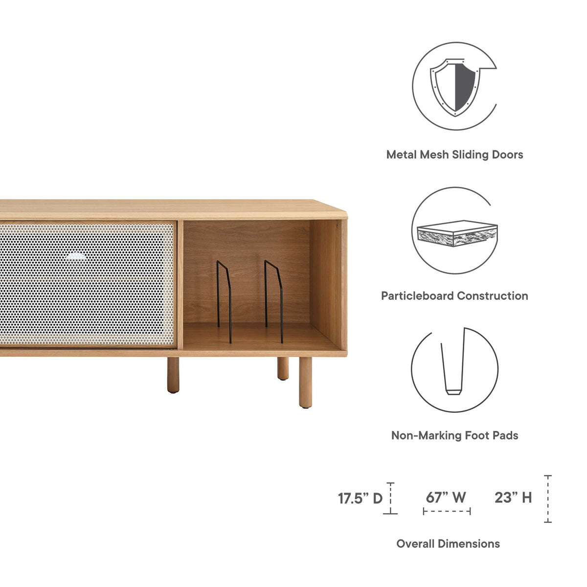 Kurtis 67in TV and Vinyl Stand natural wood with a metal mesh door and black metal legs on Tampa Home & Garden Store